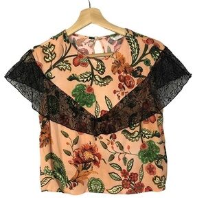 Zara Pink Floral Contrast Short Sleeve Blouse L